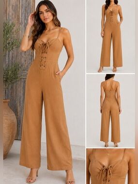 BCBGMAXAZRIA Becca Lace-Up Wide Leg Jumpsuit Camel Tan Size 4